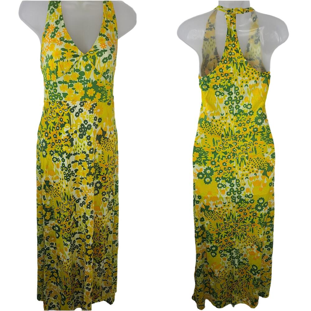VTG Dress Mod Stretch Halter Yellow Green Flower V-Neck Fits XS Sleeveless Maxi